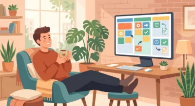 모니터 속 AI 에이전트가 업무를 처리하는 동안 커피를 마시며 여유롭게 지켜보는 직장인의 부드러운 벡터 일러스트 장면