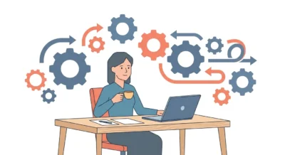 고도화된 AI 워크플로우 시스템을 배경으로 여유롭게 최종 결정을 내리는 실무자의 모습을 묘사한 일러스트레이션.