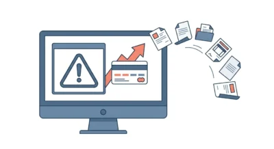 컴퓨터 화면에서 경고 메시지와 비용 상승을 나타내는 카드가 튀어나오는 깔끔한 벡터 일러스트레이션.