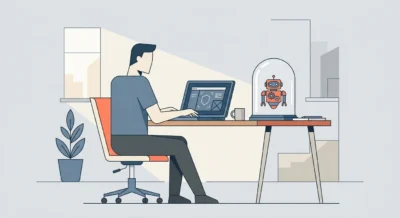 격리된 안전 환경에서 AI 에이전트를 모니터링하며 업무를 수행하는 개발자의 모습.